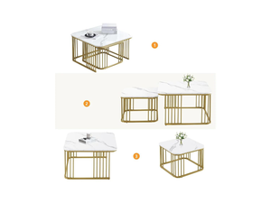 Mesa de Centro Moderna de Lujo en Madera Contrachapada con Superficie de Aspecto Mármol y Base de Listones Metálicos Dorados, Mesa de Salón Contemporánea - Product Image 5