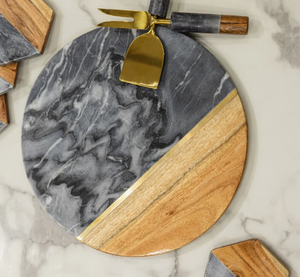Wholesale Round Black Marble and Wood <b>Lazy</b> <b>susan</b>, Luxury Mixed Material Cheese Board and Serving Platter - Product Image 2
