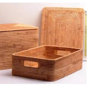 Home Decor Rectangle Rattan Eco-Friendly Storage <b>Basket</b> with 2 Wooden Handles for <b>Shelves</b> - Product Image 2