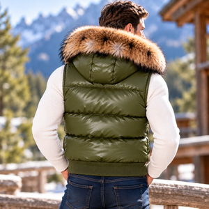 Großhandel Herren Echtleder Pelzkapuzen-Weste |   Herren Lederweste mit Pelzkapuze Großhandel |   Herren-Lederweste mit Kapuze - Product Image 2