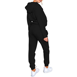 Ensemble de survêtement noir à capuche pour femme, sweat-shirt décontracté à manches longues de couleur unie avec pantalon à cordon de serrage, poches latérales, fermeture éclair - Product Image 2
