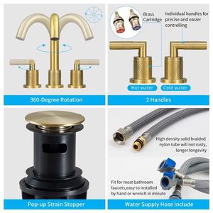 Rubinetto da Bagno Dorato a 2 Maniglie da 8 Pollici in Acciaio Inossidabile, Miscelatore a 3 Fori con Scarico a Scomparsa per Lavabo - Product Image 4