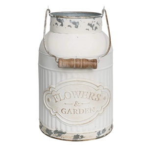 French Country Style White Metal Pitcher Embossed Decorative <b>Flower</b> Bucket Vintage Distressed Garden Vase Vintage Enamel Planter - Product Image 5