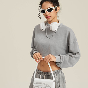 Sudaderas con capucha recortadas personalizadas dobladillo crudo mujer algodón en blanco francés Terry pulóver de gran tamaño lavado ácido mujeres Puff estampado Crop Top sudaderas con capucha - Product Image 4