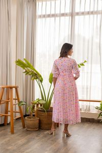 Robe midi à imprimé floral, col bijou, manches 3/4, coupe évasée, tissée, décontractée, pour femme, respirante, coupe ample, avec poches - Product Image 1