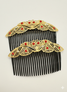 Peineta de Pelo Vintage Chapada en Oro Hecha a Mano con Diseño de Flores y Piedras Rojas para Novias, Bodas, Fiestas de Halloween, Accesorio Decorativo - Product Image 5