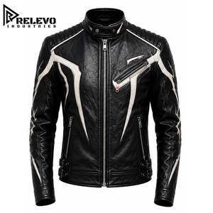 Custom High Quality <b>Men</b> Black & <b>White</b> Leather Biker <b>Jacket</b>, Gothic Flame Patterned Coat with Dual Waist Buckles and Stand Collar - Product Image 1