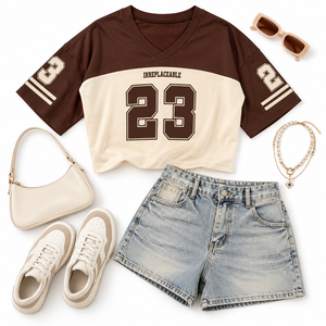Women's Cropped Varsity T-Shirt | Oversized Two Tone <b>Baseball</b> <b>Tee</b> | Custom Number Graphic Streetwear Top | OEM ODM Manufacturer - Product Image 5