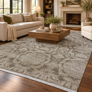 Tapis d'appoint en laine noué à la main, gris taupe, à motifs floraux, avec un design damassé beige argenté, pour le salon, la chambre à coucher, la décoration d'hôtel - Product Image 1