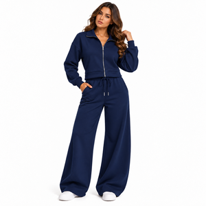 Ensemble de survêtement 2 pièces pour femme, col zippé, sweat-shirt court et pantalon large en molleton, ensemble assorti pour femme, OEM - Product Image 1