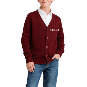 Pulls cardigan en tricot gris uni à col en V et manches longues pour garçons, uniforme scolaire pour enfants - Product Image 2