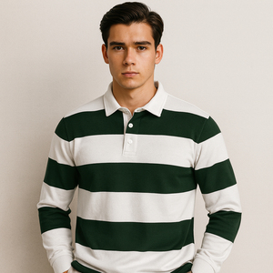 Polo de Rugby Personalizado con Logotipo, 100% Algodón, Rayas Verdes y Blancas, Clásico, Manga Larga para Hombre - Product Image 1