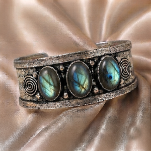 Natural Labradorite Three Stone Wide <b>Cuff</b> Bangle Handmade Gold/<b>Silver</b> Plated Brass Adjustable Vintage Unisex Classic Statement - Product Image 4