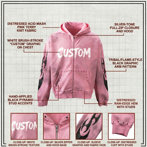 Custom <b>Pink</b> Tie Dye Zip-Up Hoodie Men's Oversized Streetwear <b>Sweatshirt</b> Flame Print Studs Front Logo Autumn Knitted 350grams - Product Image 4