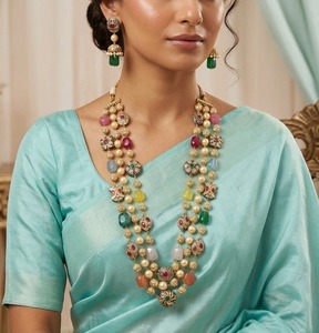 Conjunto de collar de perlas multicolor de 3 capas, joyería india para bodas, aretes, conjunto de joyería de moda nupcial para mujer - Product Image 2