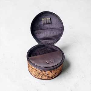 Vintage Genuine Leather Hand Tooling Eco-Friendly Fashion Jewelry Case with Zipper Closure for Storage Travel Durable Round Box - Product Image 3