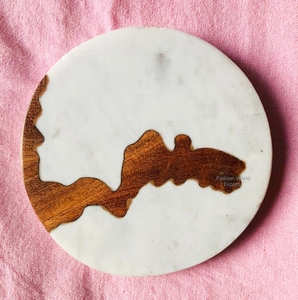 Premium Marble Stone, <b>Coasters</b> with Intricate Wood Inlay <b>White</b> Timeless Artistry & Design Mats & Pads - Product Image 1