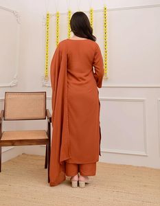 Pure Cotton Embroidered <b>Kurta</b> Set for Women Rust Orange <b>Kurta</b> with Pants & Dupatta Floral Neck & Hem Embroidery - Product Image 3