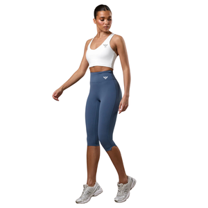 Legging de yoga capri bleu taille haute pour femme, fin, décontracté, sans couture, extensible, pour l'entraînement et la gym, avec effet ventre plat, vêtement de sport - Product Image 1