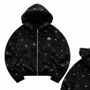 Sweat à capuche zippé pour homme avec strass et imprimé étoiles, capuche en fourrure, style streetwear décontracté, vente en gros, sweats à capuche scintillants, fournisseur OEM - Product Image 3