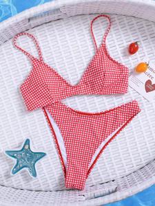 Conjunto de Bikini a Cuadros Gingham Personalizado OEM ODM para Mujer, con Tirantes Finos y Braguita Cheeky, Traje de Baño con Tela, Talla y Color Personalizados, Marca Privada - Product Image 6
