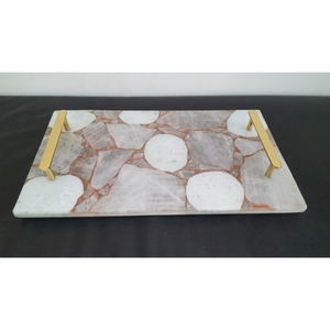 Plateau de rangement rectangulaire en marbre avec poignées en métal doré, design moderne, accessoire de table pour salon - Product Image 1