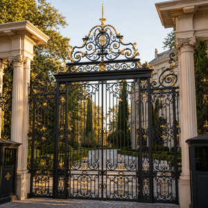 Portail de sécurité de luxe en fer forgé noir et or, avec motifs festonnés, pour entrée principale de grande villa et de manoir - Product Image 1