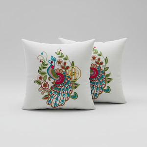 Funda de Cojín con Cuentas de Pavo Real Blanco, Diseño de Pájaro Bordado en Rosa y Verde Azulado, Funda de Almohada Decorativa de Lujo para Sofá - Product Image 1