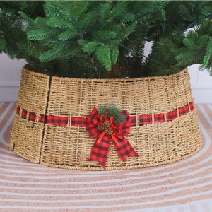 Collar para árbol de Navidad de junco marino natural, falda para árbol con lazo de cuadros Buffalo, cesta, decoración rústica para el hogar en Navidad - Product Image 4
