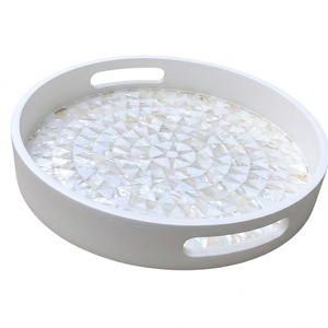 Plateau de table basse décoratif en bois blanc fait main, incrusté de nacre, plateau de service rond élégant pour la cuisine et la décoration intérieure - Product Image 1