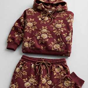 NEXTEX Unisex Chrysanthemum Floral Tracksuit <b>Burgundy</b> Gold Cream Soft Cotton Fleece <b>Hoodie</b> Set - Product Image 4