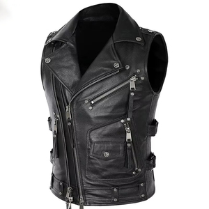 Custom Men Black <b>Leather</b> Biker Vest <b>Sleeveless</b> Motorcycle <b>Jacket</b> Punk Style Multi Zipper Genuine <b>Leather</b> Waistcoat - Product Image 5