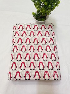 White Penguin Hand Block Printed Eco-Friendly Cotton Fabric <b>Cute</b> Animal Print Soft Lightweight Kids Apparel Craft Textile - Product Image 1