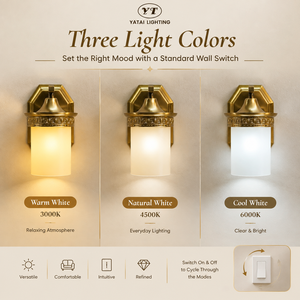 Lámpara de pared de montaje en superficie E27 de metal y vidrio con acabado en latón y tres temperaturas de color para pasillos de hotel y dormitorios - Product Image 2
