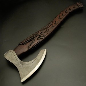 Hand Carved Wood <b>Handle</b> Tomahawk <b>Axe</b> Forged Steel Head Survival Hatchet Tool - Product Image 1