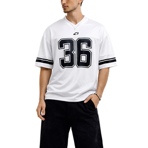 Vente en gros de maillots de football américain de qualité supérieure, blanc et noir, à manches courtes, rayés, t-shirts de sport respirants, taille plus, unisexe - Product Image 2