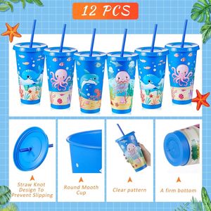 Juego de 12 Vasos Reutilizables de Plástico de 24 oz con Temática Submarina, con Tapas y Pajitas, Vajilla y Decoración para Fiestas de Cumpleaños - Product Image 2