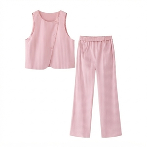 Ensemble long 2 pièces pour femme, gilet sans manches et pantalon rayés tissés, col boutonné, décontracté, respirant, 100% coton, tenue d'été - Product Image 5