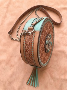 Handtooled Genuine Leather <b>Mini</b> Bag Vintage Bohemian Canteen Purse Tassel Crossbody Strap Zip Closure <b>Canvas</b> Lining Small - Product Image 2