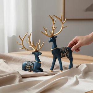 Blue Resin Reindeer Figurines Set of 2 Gold Antlers Contemporary Animal Decor Tabletop Ornament for Living Room <b>Christmas</b> - Product Image 4