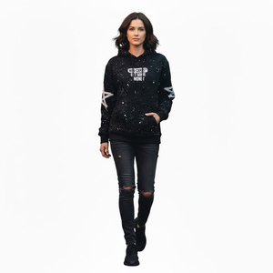 Ensemble de survêtement personnalisé avec imprimé graphique textuel effet éclaboussures, coupe épaules tombantes, en coton épais 100% (400 GSM), comprenant un sweat à capuche zippé noir et un pantalon de survêtement - Product Image 4