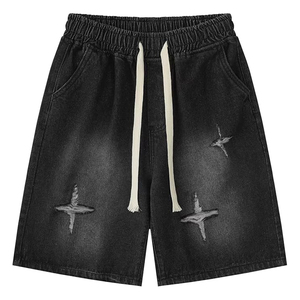 Shorts de Mezclilla Negros Desgastados para Hombre, Corte Recto, Cintura Media, Algodón, Estilo Casual Urbano de Verano - Product Image 2
