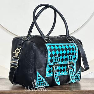 Sac à main en cuir de vachette de style western vintage, style rodeo, avec rabat orné de motifs à carreaux turquoise et noir, sac bandoulière et épaule pour femme - Product Image 1