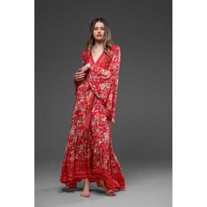 Vestido Maxi Bohemio Rojo con Estampado Floral para Mujer, Cuello en V, Manga Larga, Estilo Envolvente, Verano, Playa, Boho Chic, Elegante y Fluido - Product Image 2