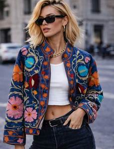 Floral Embroidered Quilted Denim Bomber <b>Jacket</b> <b>Mandarin</b> <b>Collar</b> Regular Length Women's Spring Outerwear Export Quality Handmade - Product Image 2