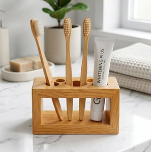 Support de brosse à dents en bois massif naturel recyclable, design rectangulaire, couleur naturelle, pour accessoires de salle de bain - Product Image 6