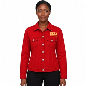 Chaqueta Vaquera Bordada para Mujer PDK, Roja, Informal, con Cuello Estructurado, Bolsillos con Solapa Doble en el Pecho y Botones Metálicos - Product Image 1