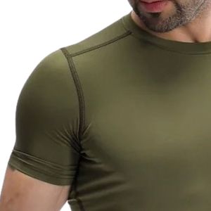 T-shirt de sport pour homme, vert olive, manches courtes, col rond, coupe ajustée, léger, pour la salle de sport, l'entraînement, la performance sportive - Product Image 3