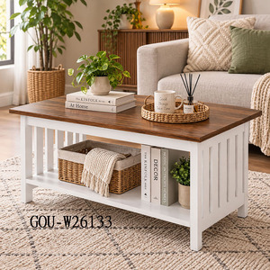 Table basse de style farmhouse avec étagère de rangement, plateau en bois, cadre blanc, meubles de salon, design moderne - Product Image 3