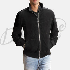 Blouson bomber en daim noir pour homme, avec empiècements matelassés en peau de mouton véritable aux épaules, coupe ajustée, fermeture éclair, style moto décontracté - Product Image 6